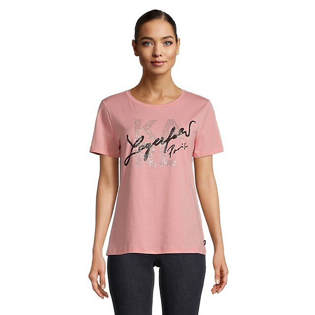 KARL LAGERFELD PARIS WOMEN'S EMBELLISHED LAYERED LOGO LENDS CHIC KARL STYLE T-SHIRT