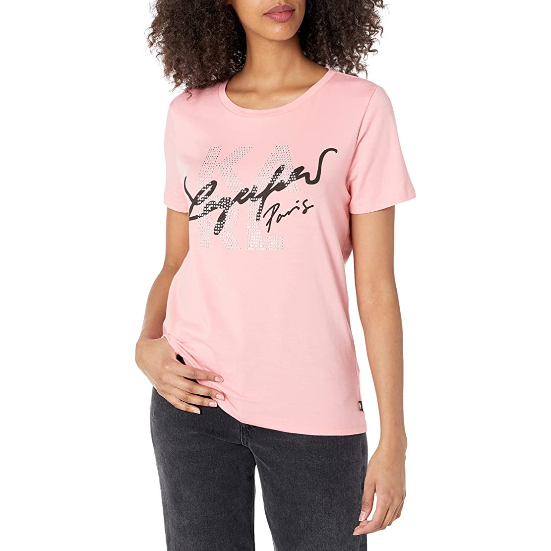 KARL LAGERFELD PARIS WOMEN'S EMBELLISHED LAYERED LOGO LENDS CHIC KARL STYLE T-SHIRT