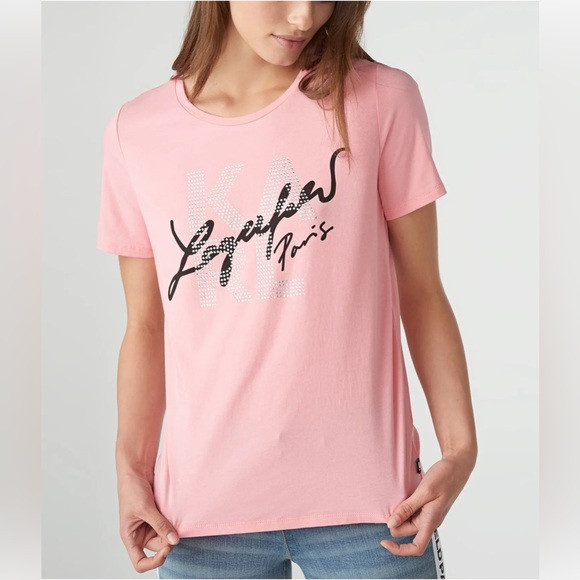 KARL LAGERFELD PARIS WOMEN'S EMBELLISHED LAYERED LOGO LENDS CHIC KARL STYLE T-SHIRT