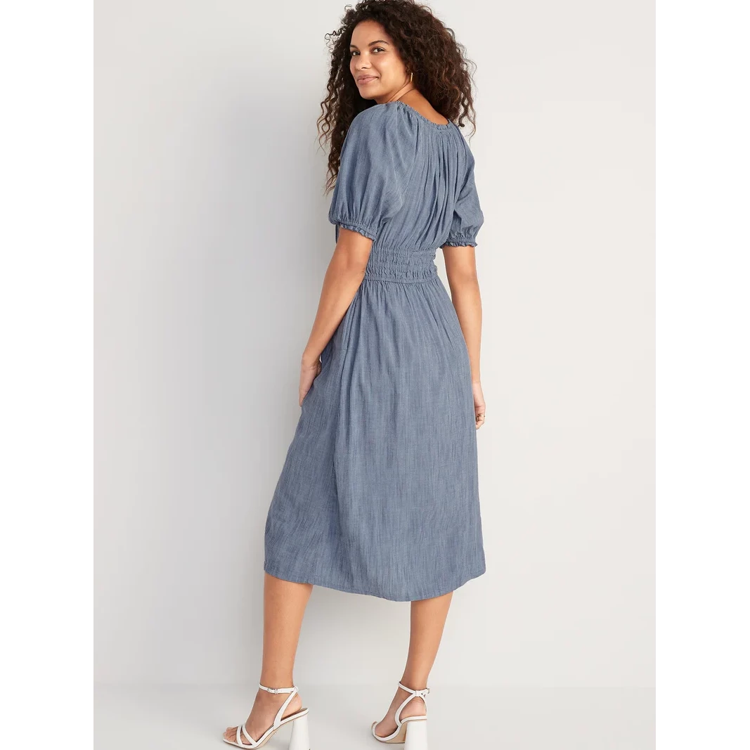 OLD NAVY PLAIN BLUE PUFF SLEEVE SMOCKED WAIST DEFINED MIDI DRESS