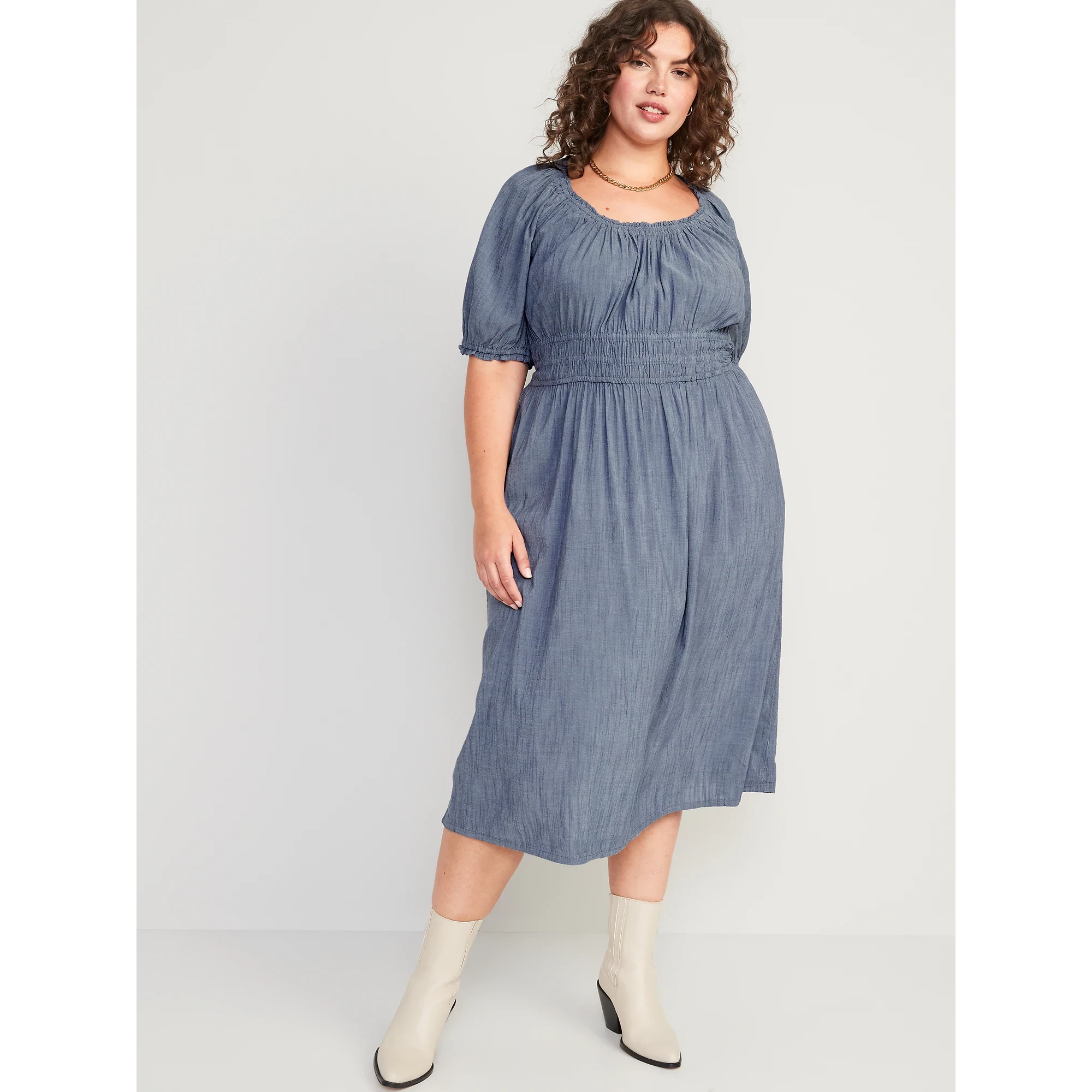 OLD NAVY PLAIN BLUE PUFF SLEEVE SMOCKED WAIST DEFINED MIDI DRESS