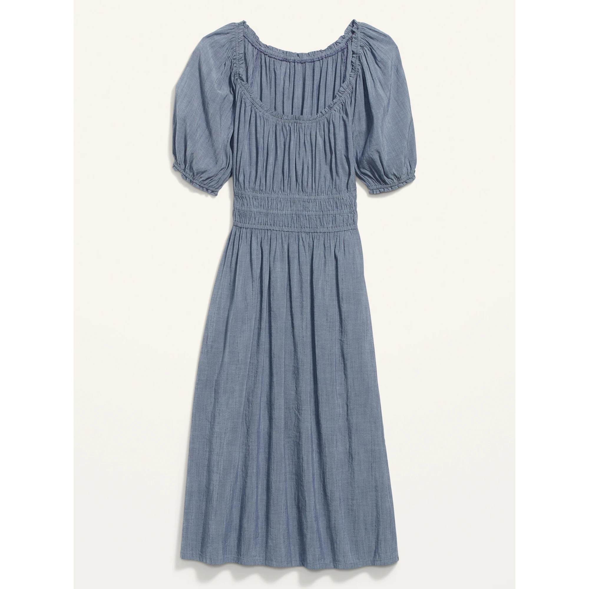 OLD NAVY PLAIN BLUE PUFF SLEEVE SMOCKED WAIST DEFINED MIDI DRESS