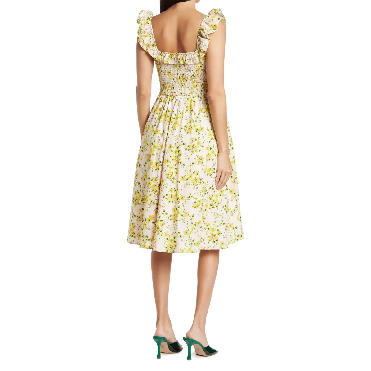 BCBGeneration FIT FLARE SMOCKED BODICE CAP SLEEVE RUFFLE HEM